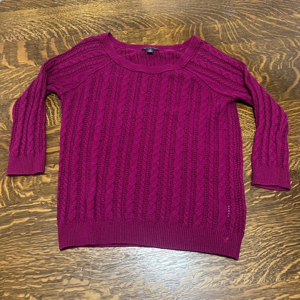 American Eagle Sweater Womens Small Magenta Pink Cable Knit Pointelle Scoop Neck